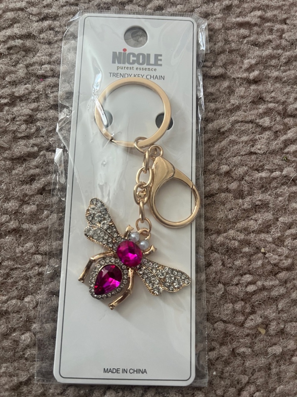 Nicole Gold Bee Keychain with Magenta Gems